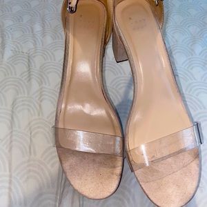 Low block heel sandal with clear strap across toes